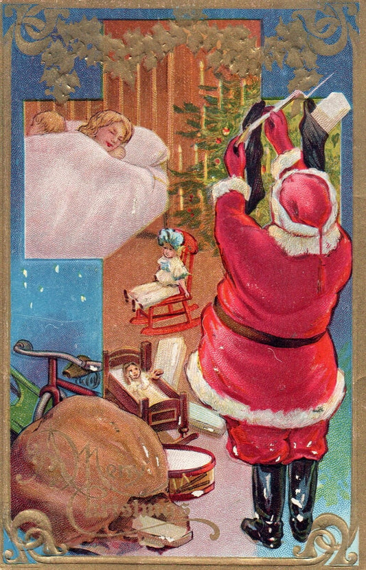 A Merry Christmas Santa Filling Stocking with Toys Vintage Santa Postcard