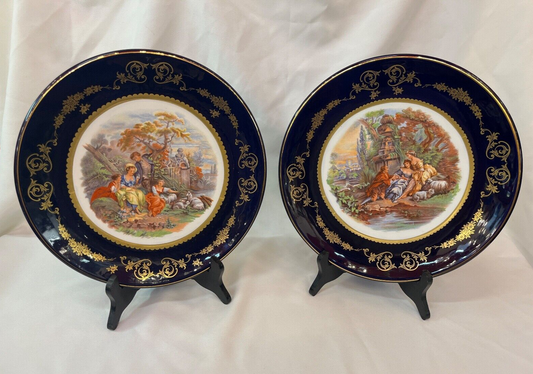 2 Vintage Blue 11 3/4" Gold Plated Limoges Decorative Plates