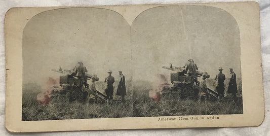 WWI Stereoview American 75cm Gun In Action Soldiers At War