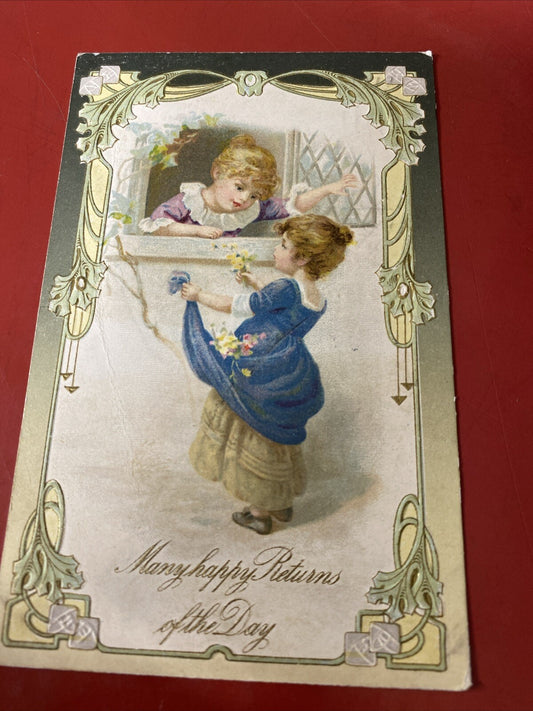 1913 NASH Many Happy Returns Girls at window Child Vintage Postcard