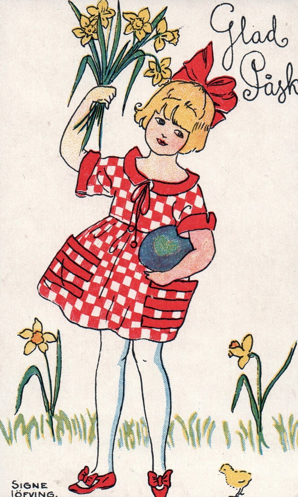 Glad Pask  Signe Lofving Artist Girl Chick  Egg Daffodils Easter