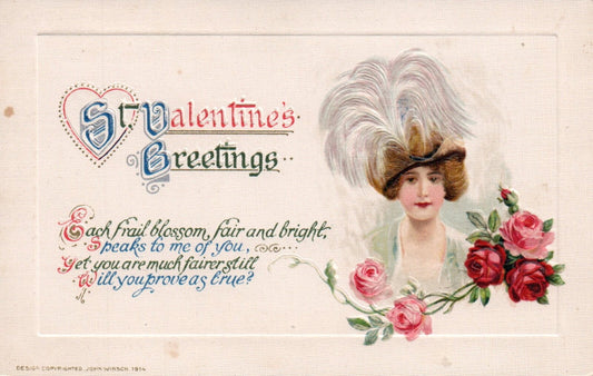 Winsch St. Valentine Greetings Woman with Big Hat Valentine Postcard