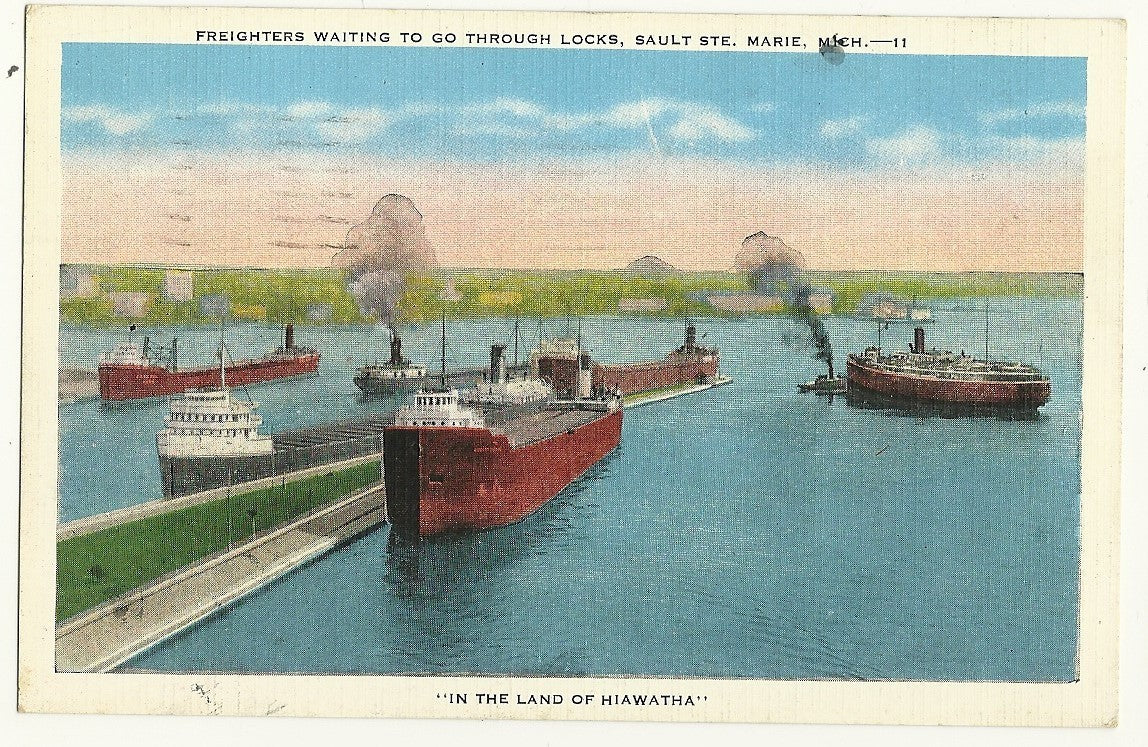 Freighters Sault Ste Marie Soo Locks  Ship MI Michigan  Postcard