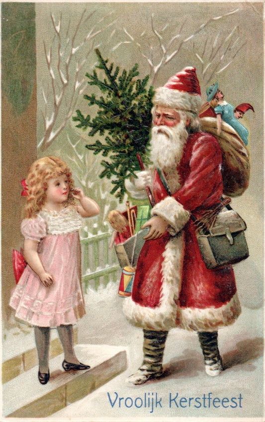 A Merry Christmas Santa Delivering Toys to Little Girl Vintage Santa Postcard