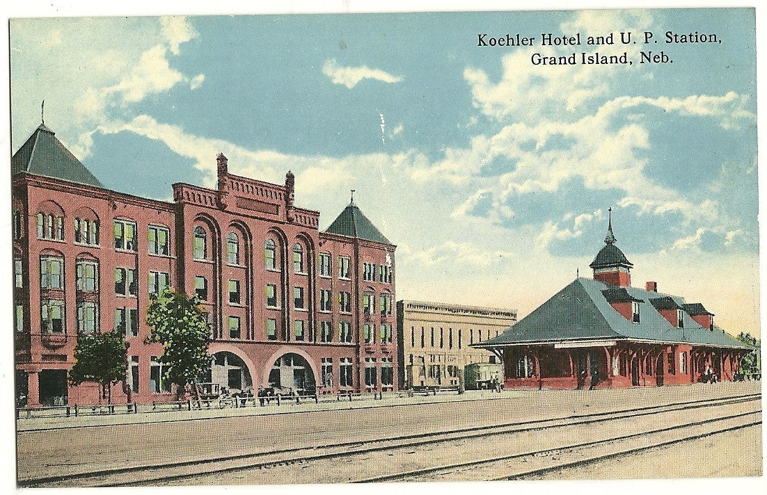 Koehler Hotel and UP Station Grand Island RR  Railroad Train Depot  Postcard