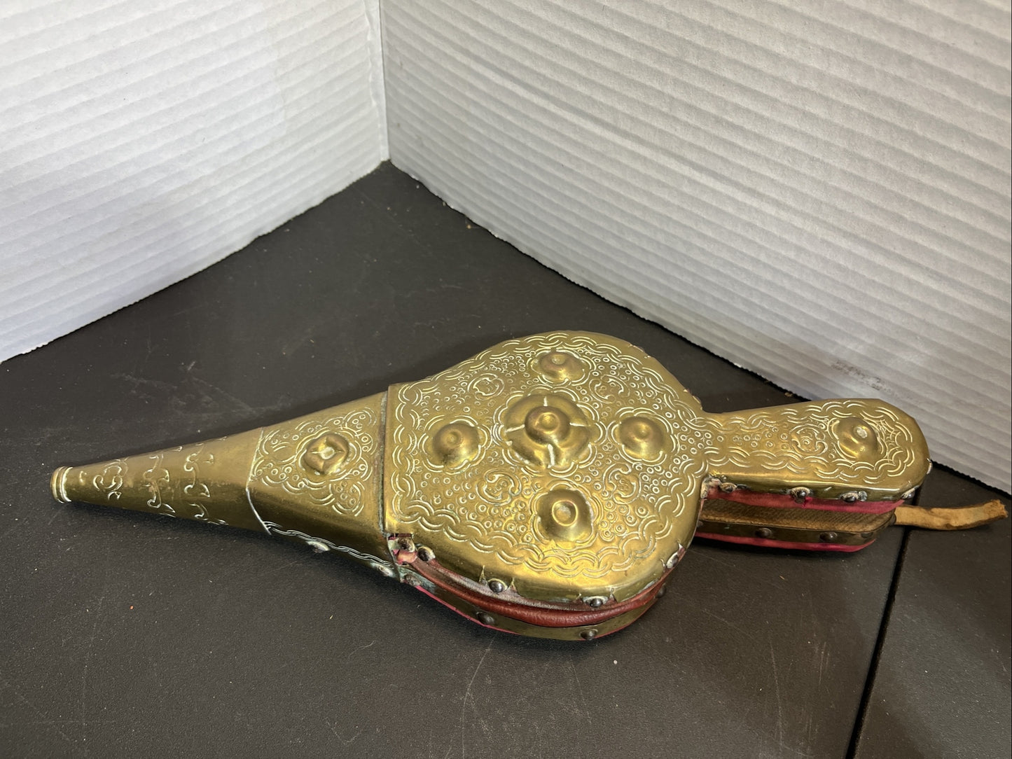 Antique French Handmade Repousse Brass Wood Fireplace Bellow