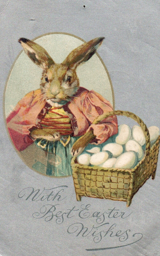 With Best Easter Wishes Rabbit Collecting Easter Eggs Vintage Easter Postcard