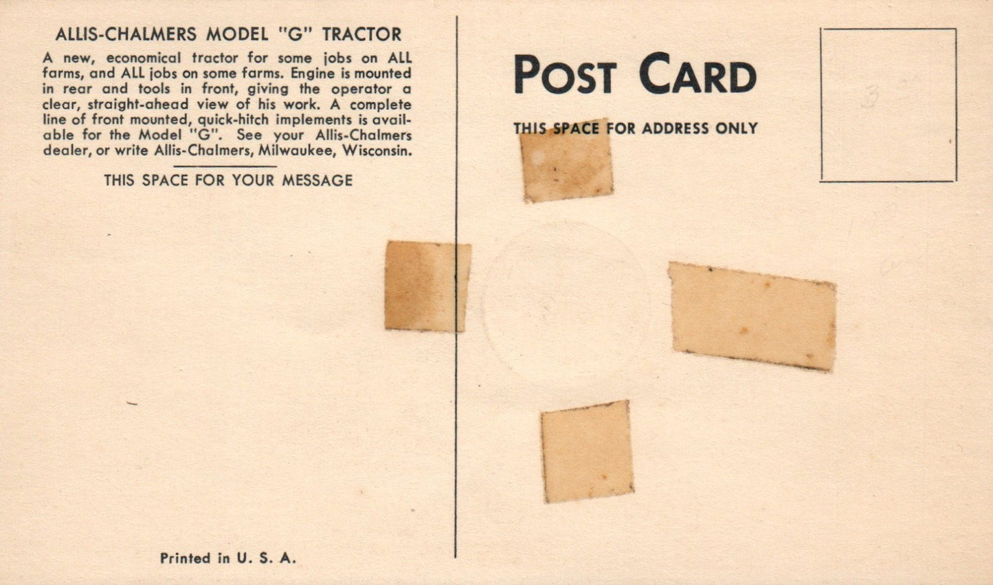 Allis-Chalmers Model "G" TRACTOR Vintage postcard