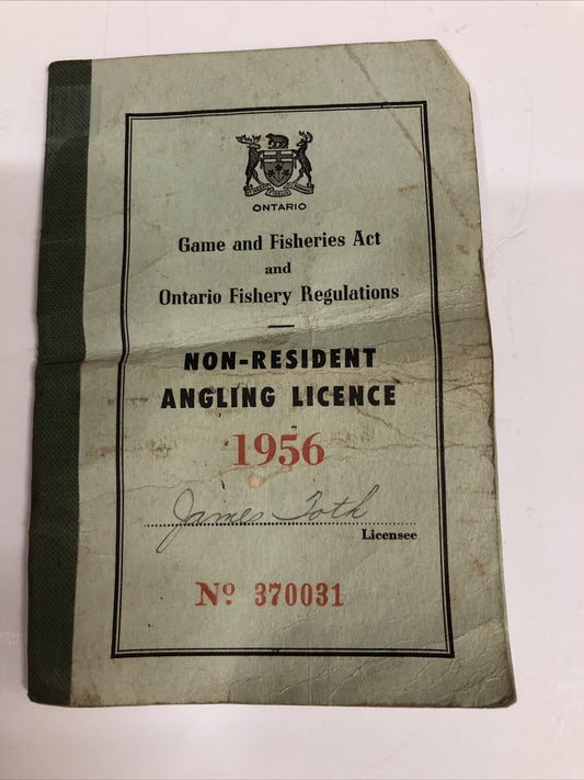1956 Ontario Non Resident Angling Fishing License with Shipping Slips # 370031