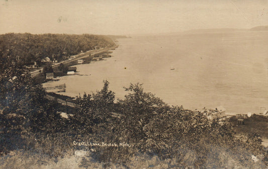 1928 Aerial Real Photo Crystal Lake Beulah Michigan MI Mich Lake  RPPC