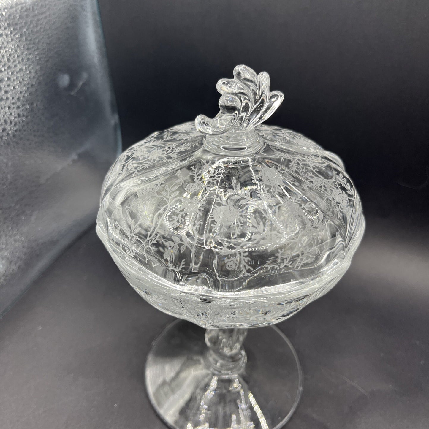 Vintage Fostoria Meadow Rose Clear Footed Jelly & Cover Baroque Shape