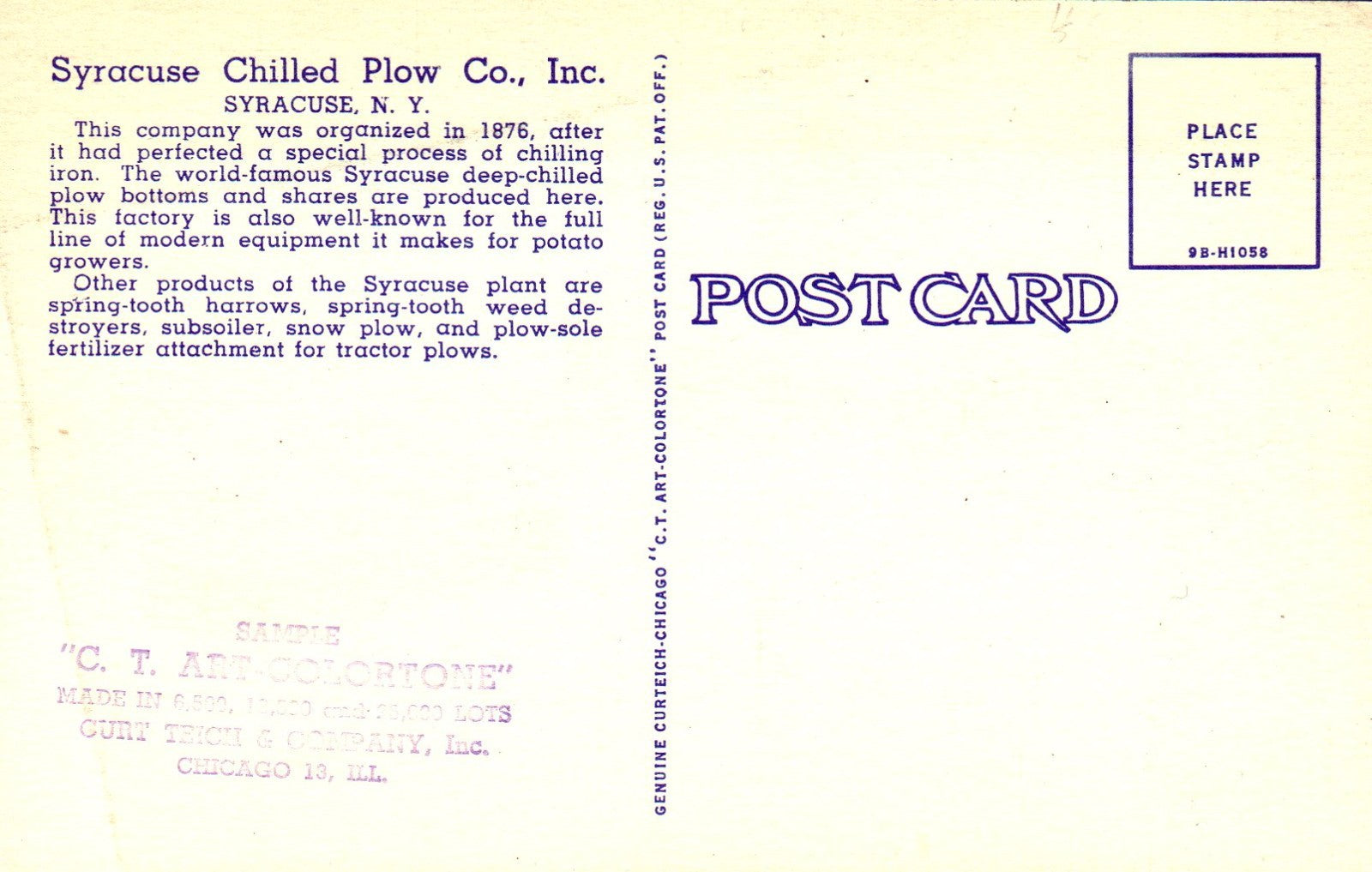 Syracuse Chilled Plow CO. INC. Syracuse, New York Vintage postcard