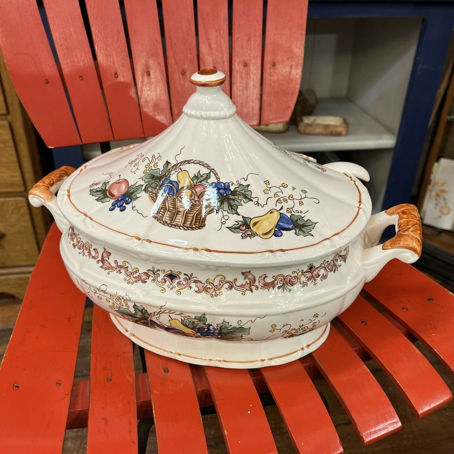 Vintage Soup tureen Harvest Fruit Basket Ceramic Japan No Ladle 