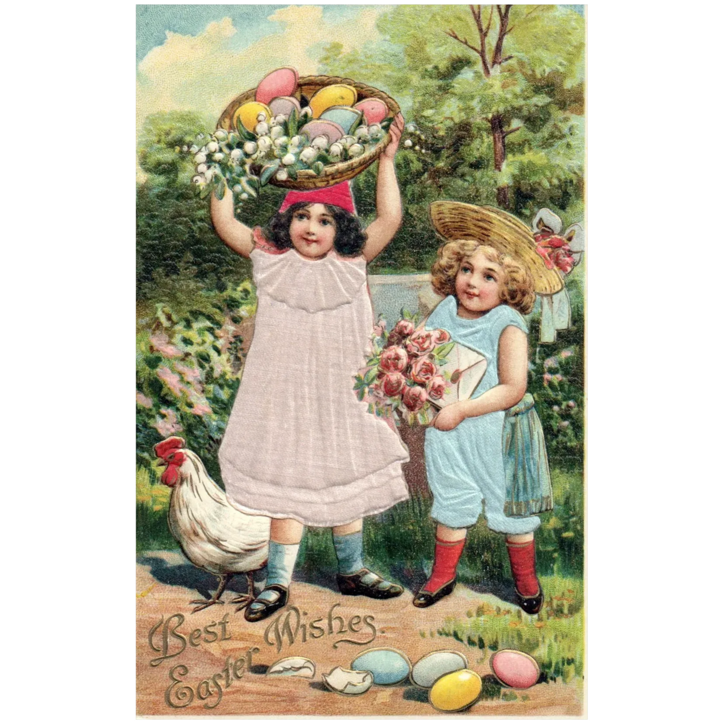 Best Easter Wishes Little Girls Holding Flowers w/ Colorful Easter Eggs Postcard