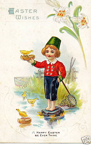 Dutch Boy Creek Chick Easter Embossed Postcard 