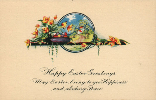 Yellow Background Path To Village Easter Eggs Easter Greetings Postcard