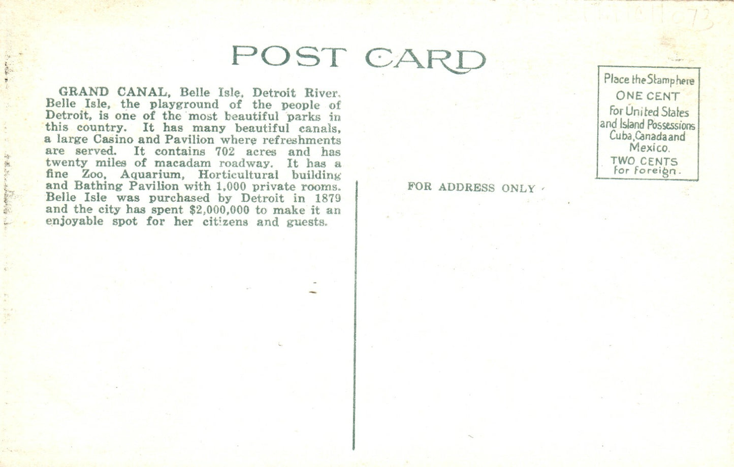 Bridge at Grand Canal Belle Isle Detroit  MI Michigan Postcard
