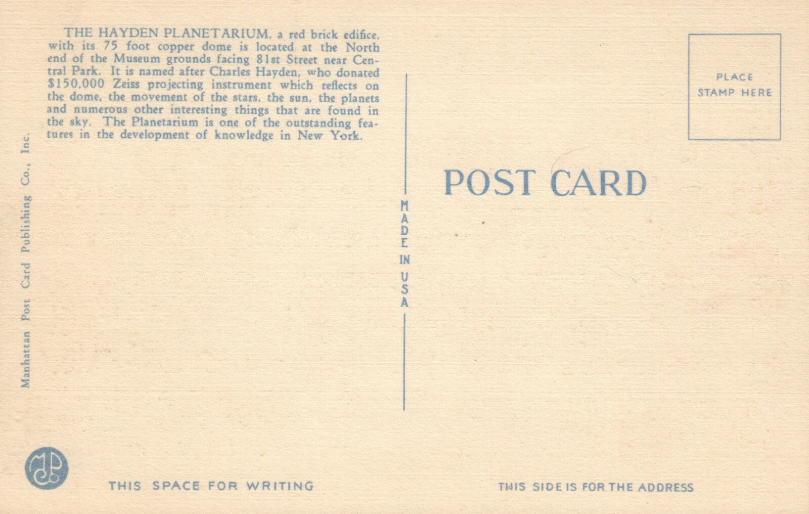 The Hayden Planetarium New York City NYC NY Postcard