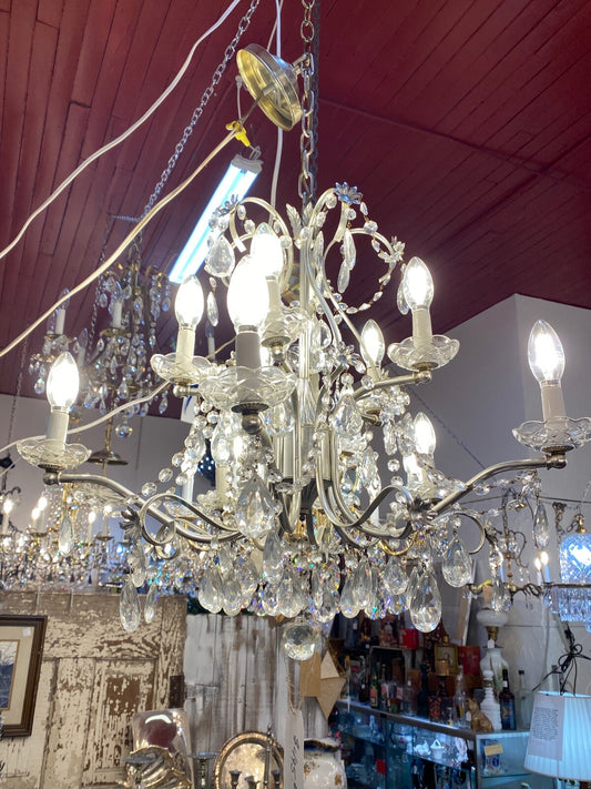 1950s mid century 10 arm silver and crystal chandelier 