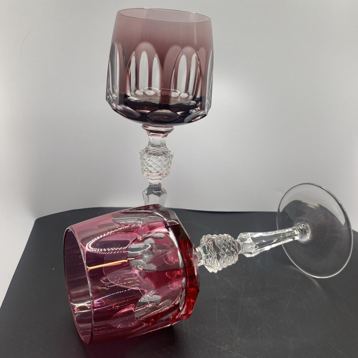 2 NACHTMANN ANTIKA Crystal 8" Cut To Clear WINE GOBLET Bohemian  Pink Amethyst
