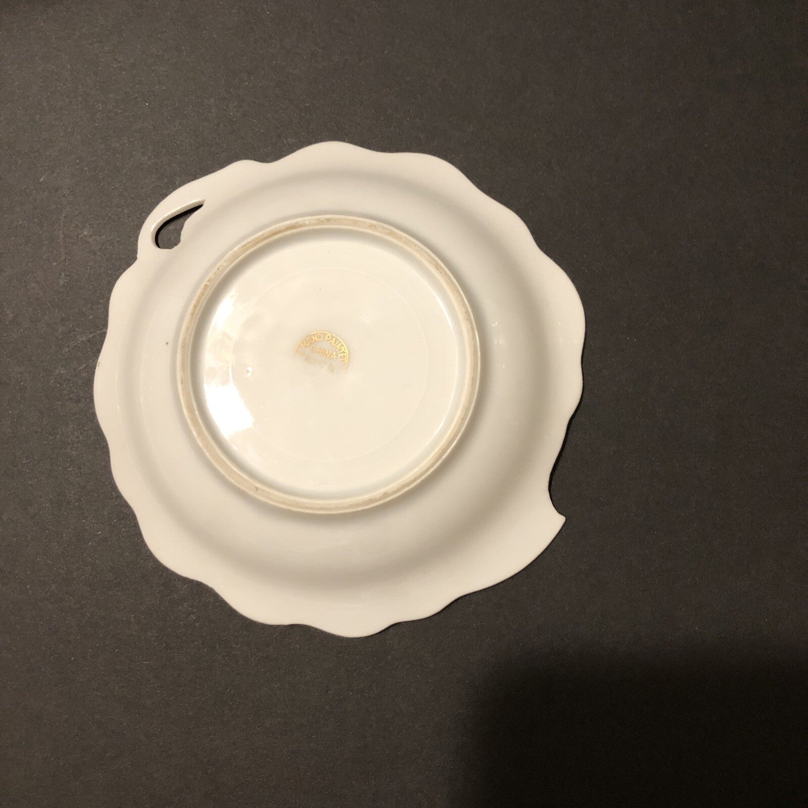 Trimont Trinket Dish 4" x 5” Hand Painted China Leaf Shape Floral Gold Trim