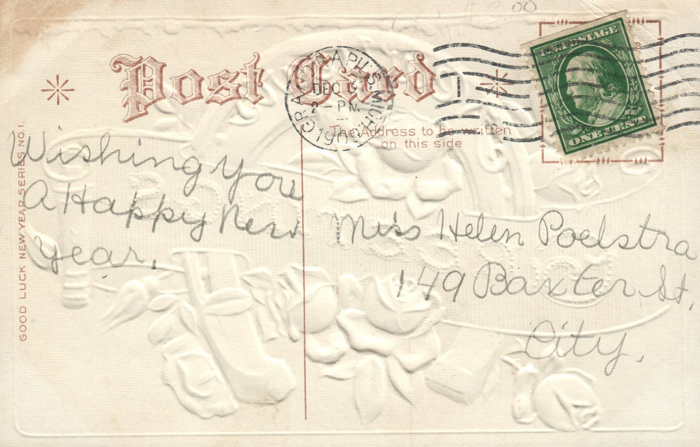 Silver Horse Shoe Pink Roses Gold Scroll Good Luck New Year Series 1 Postcard 