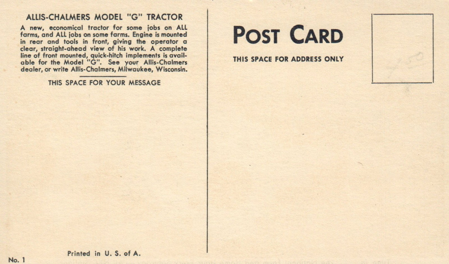 Allis- Chalmers Model "G" TRACTOR vintage postcard