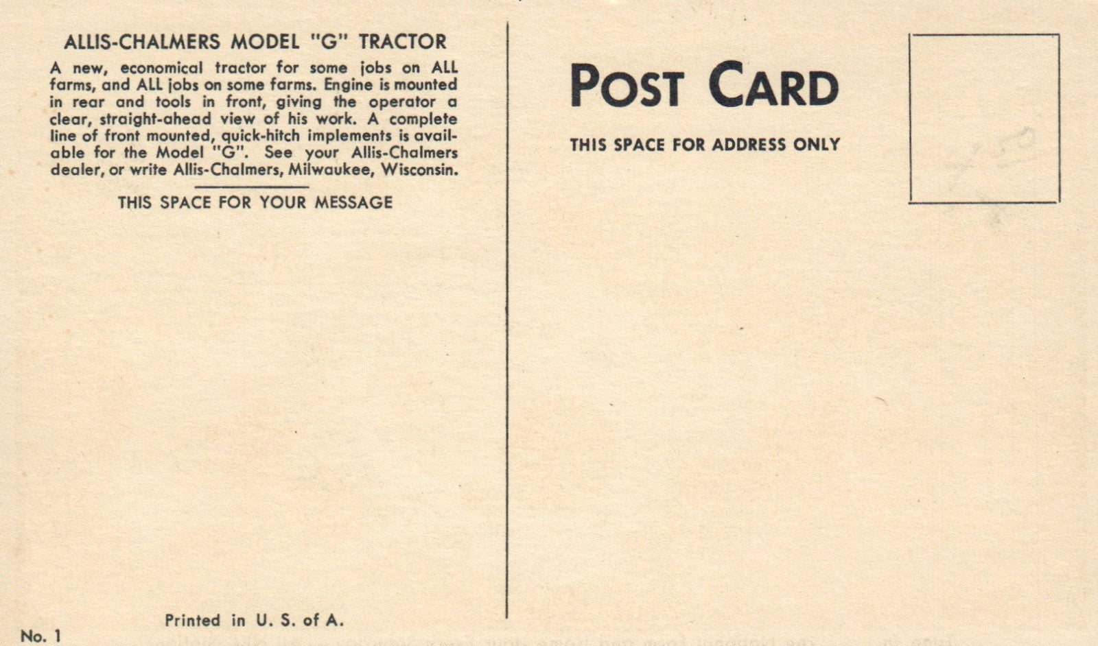 Allis- Chalmers Model "G" TRACTOR vintage postcard