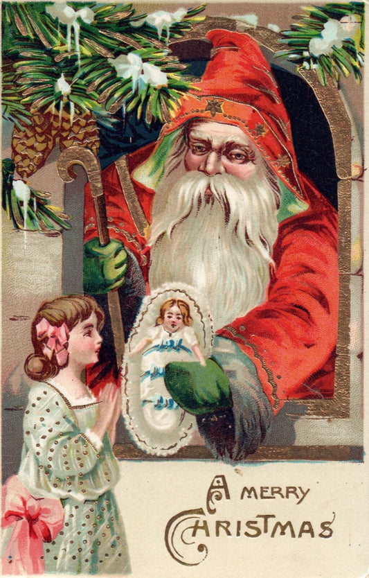 A Merry Christmas Gold Gilt Sant Gifting Child a Doll Vintage Santa Postcard