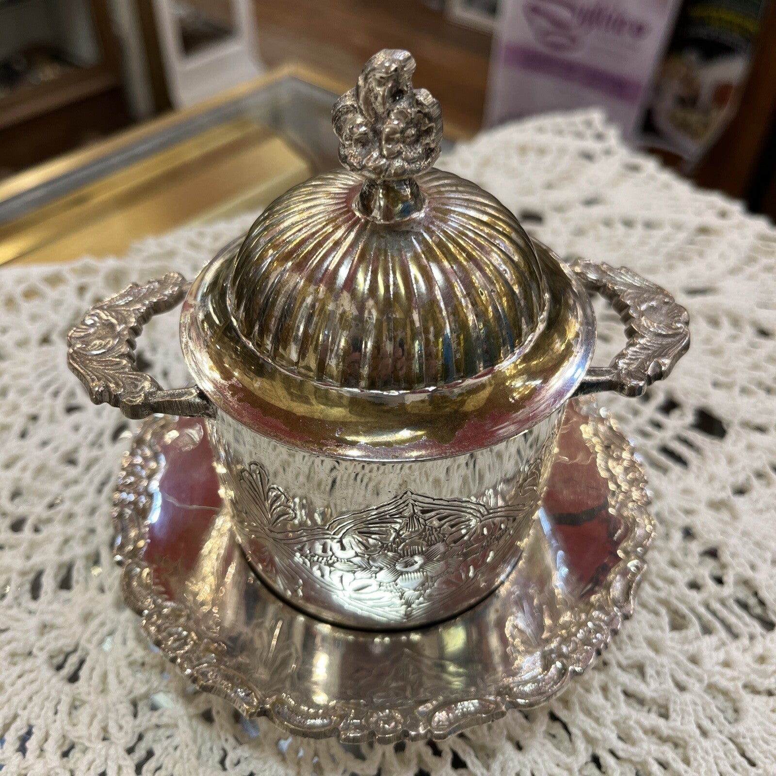 Silver Plate Sugar Bowl Jelly Dish With Lid  Two Handles And Plate 2 Available