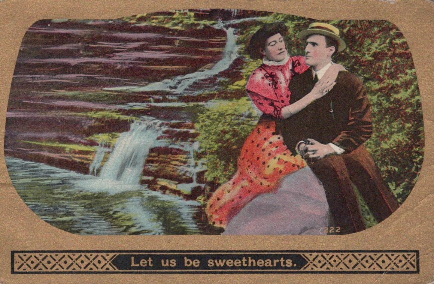 Couple Sit by Waterfall Let Us Be Sweethearts 222 Romantic Romance Postcard