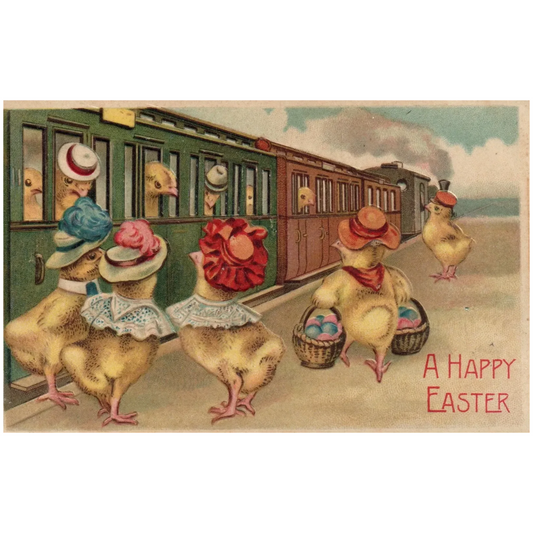 1908 Fantasy Easter Dressed Chicks Boarding Train mailed postcard
