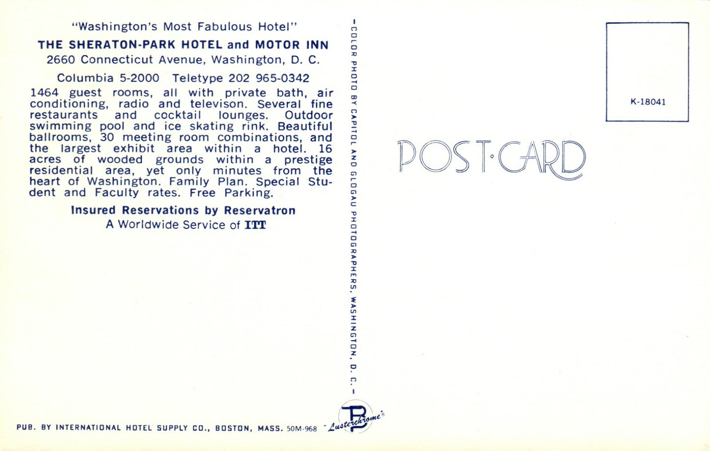 Sheraton Park Hotel Motor Inn Washington DC   Postcard