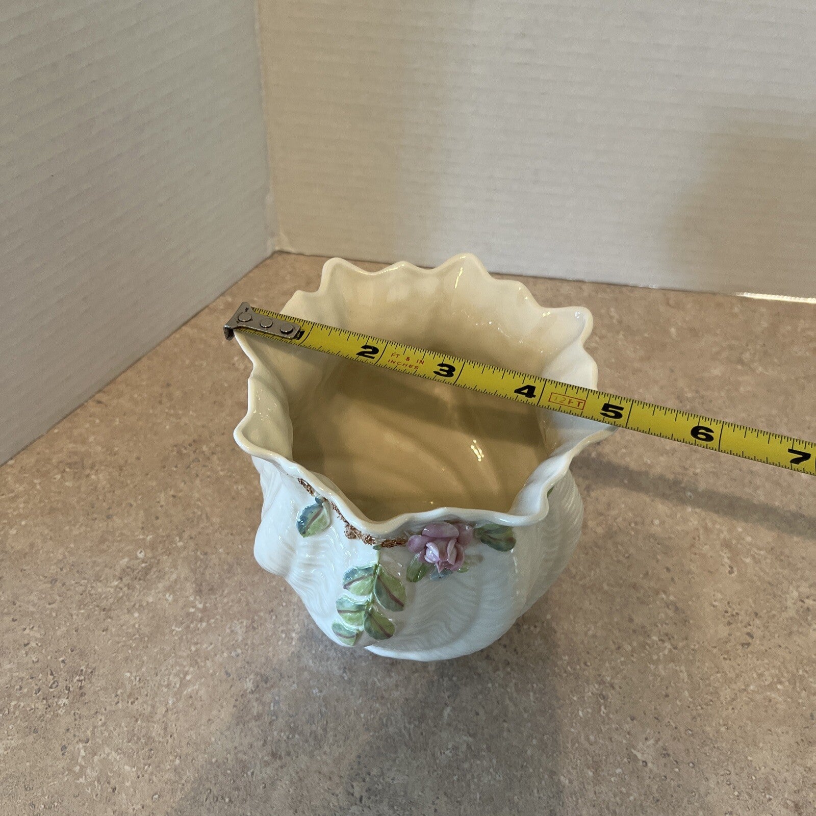 VTG EUC Belleek Cache Pot Vase Applied Dusty Pink Rose Shamrock 3rd Green Mark