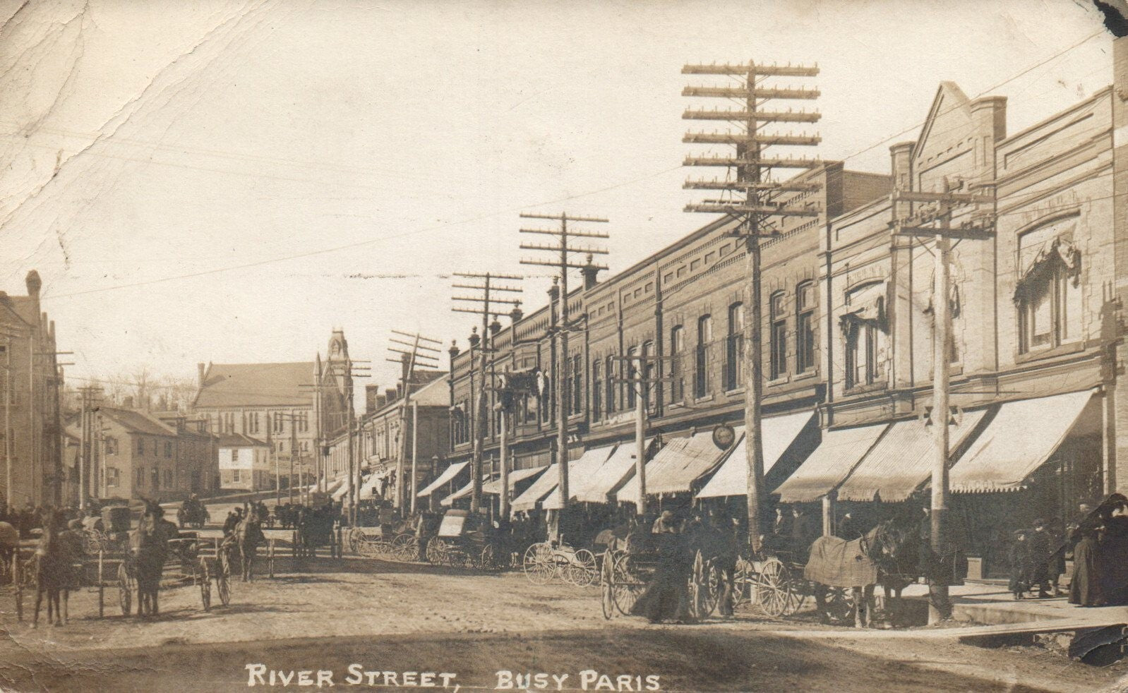 1900's Real Photo River Street Busy Paris French France Postcard Horse Buggies