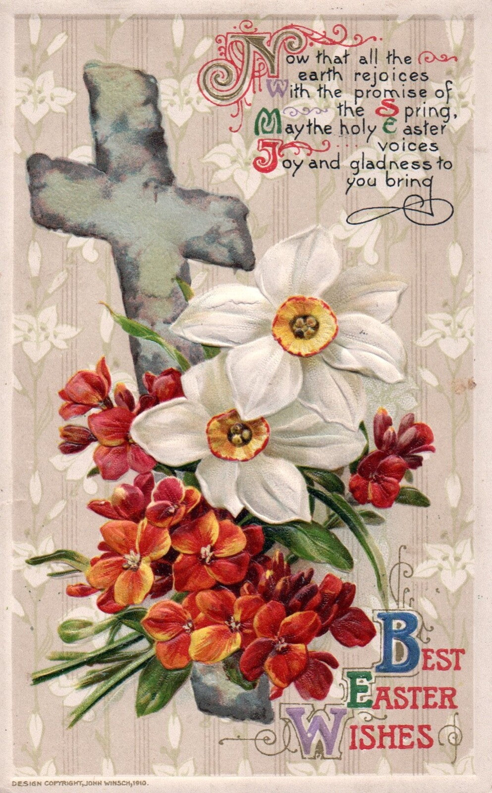 Winsch Best Easter Wishes Beautiful Flowers with Cross Vintage Easter Postcard