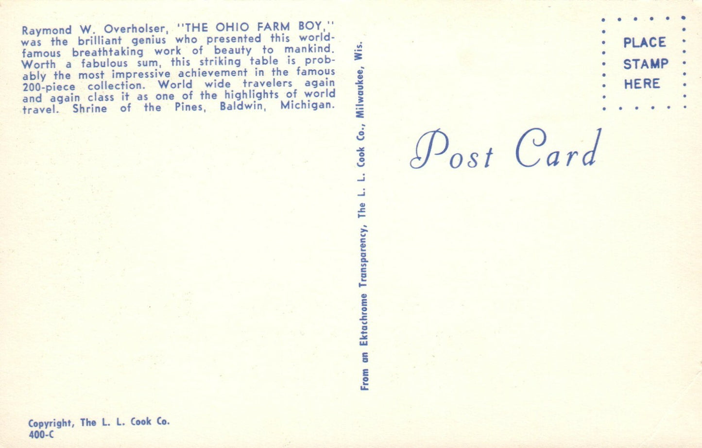 Shrine of the Pines Baldwin Mich MI Michigan Postcard wood table and chairs 