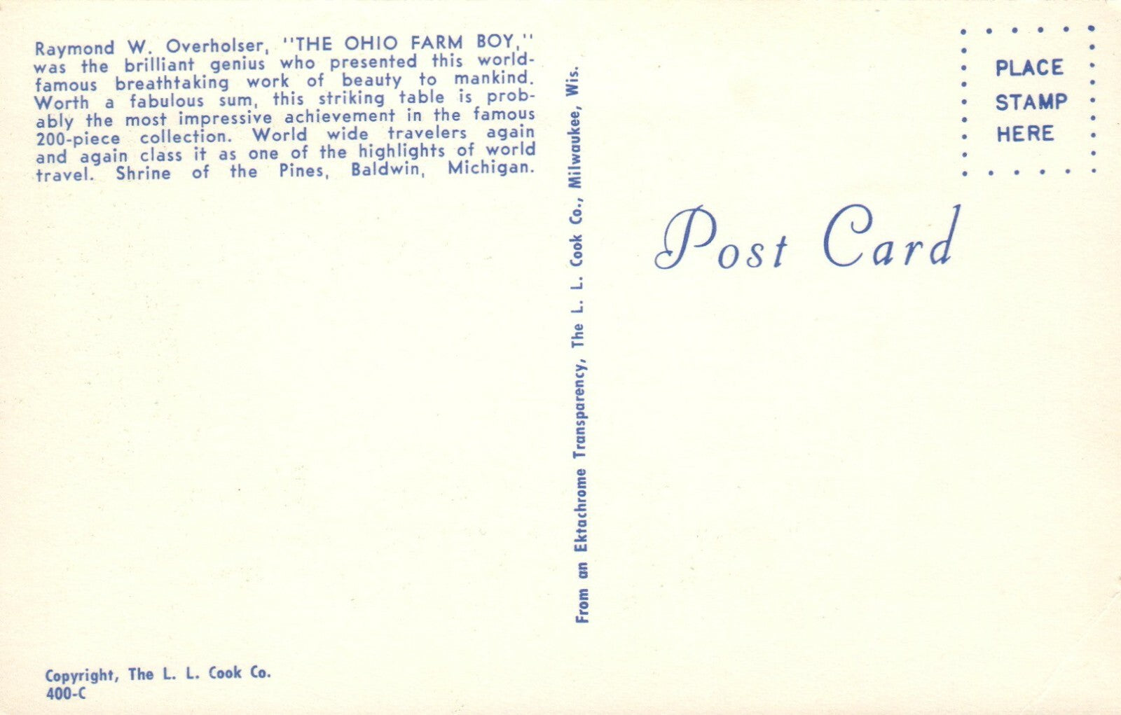 Shrine of the Pines Baldwin Mich MI Michigan Postcard wood table and chairs 
