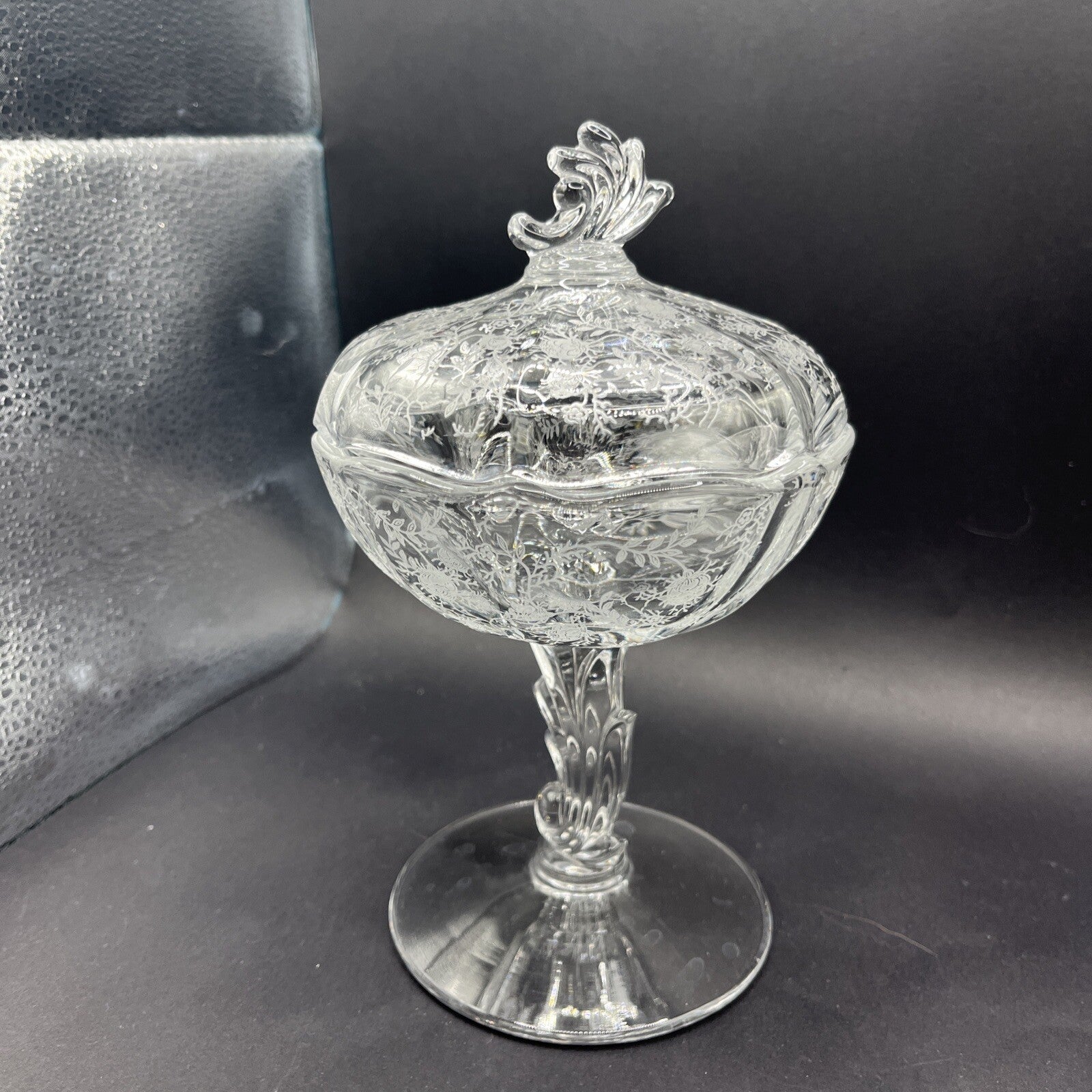Vintage Fostoria Meadow Rose Clear Footed Jelly & Cover Baroque Shape