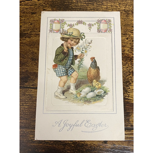 Winsch & Frexias A Joyful Easter Little Girl with Hen & Chicks Booklet Postcard