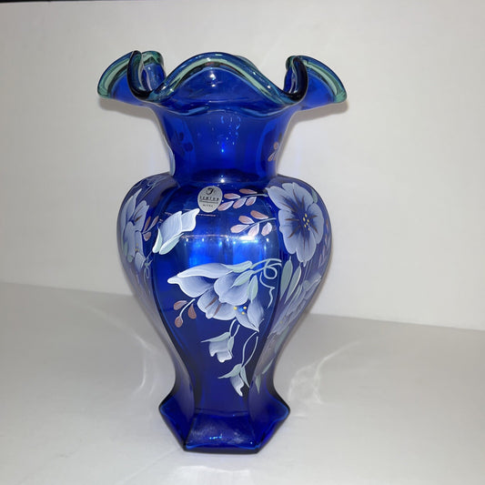 Fenton 75th Anniversary Vase Colbalt Blue Green Crest Hand Painted Signed