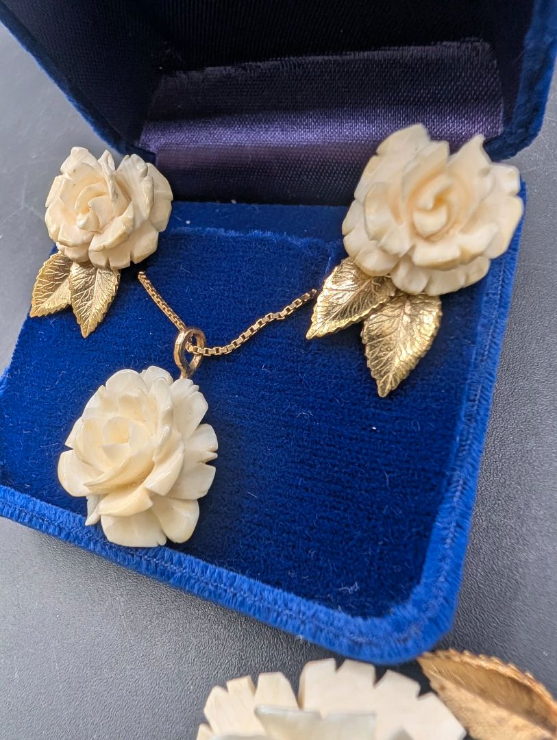 Bone Rose Hand Carved Necklace, Broach, Earring Set