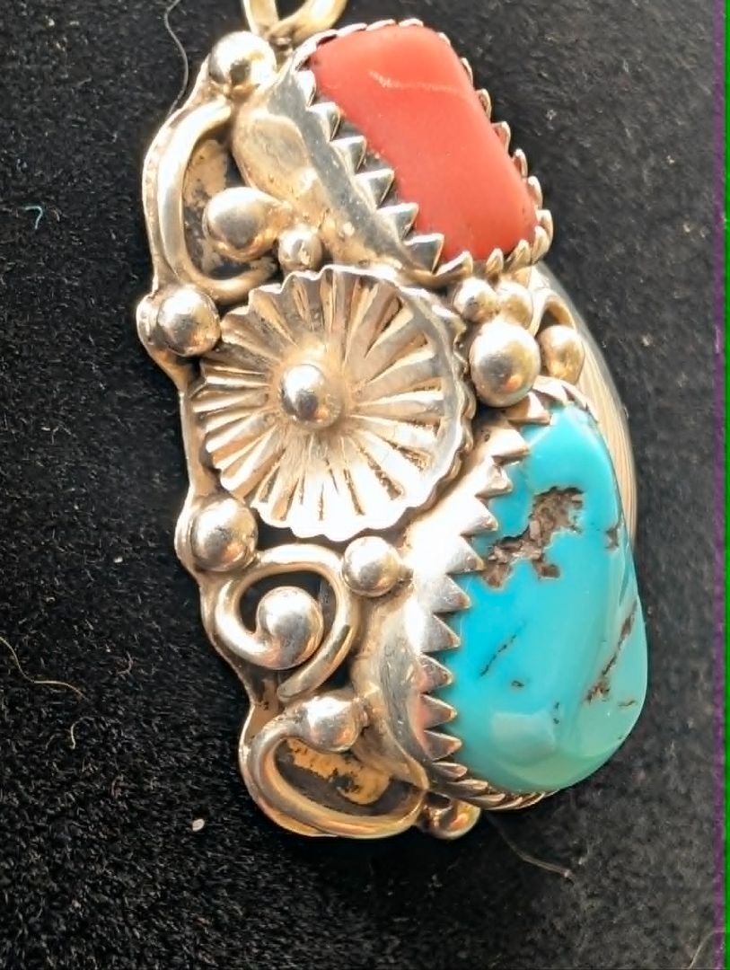 Native turquoise and Coral Necklace Artist Signed