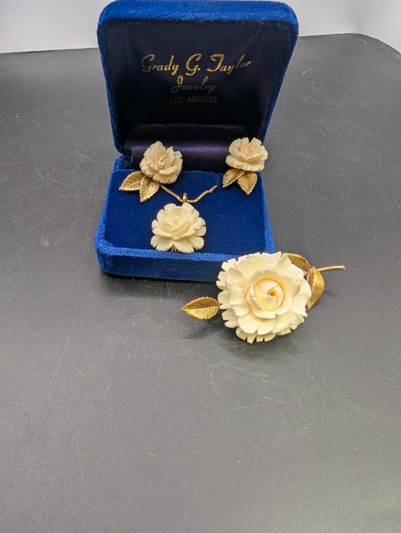 Bone Rose Hand Carved Necklace, Broach, Earring Set