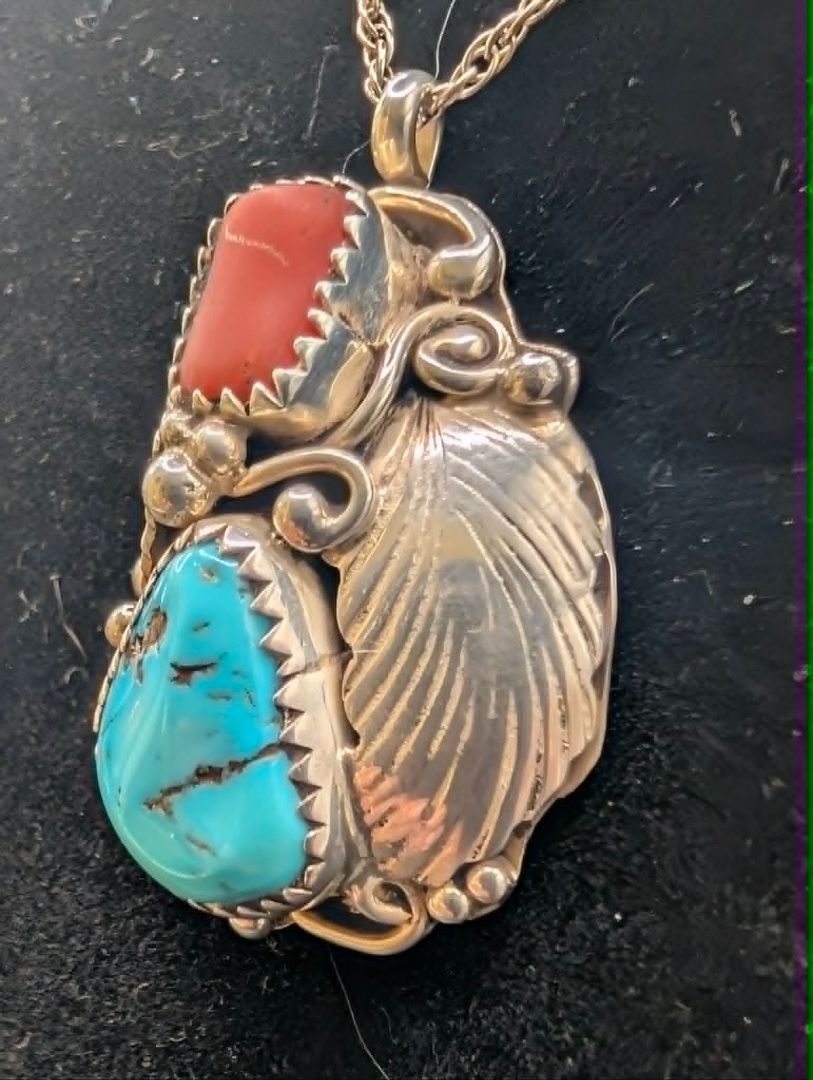 Native turquoise and Coral Necklace Artist Signed