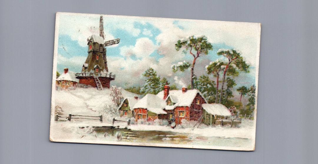 Snow Covered Wind Mill With Cabin HTL Hold to the Light postcard