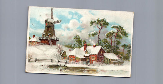 Snow Covered Wind Mill With Cabin HTL Hold to the Light postcard