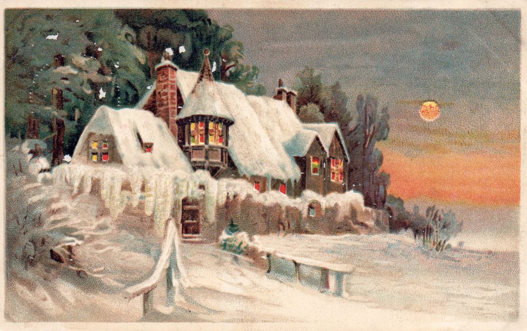 Cabin Covered in Snow Lights at Night HTL Hold to the Light postcard