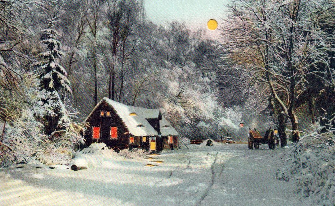 Cabin And Wagon On a Snowy Night HTL Hold to the Light postcard