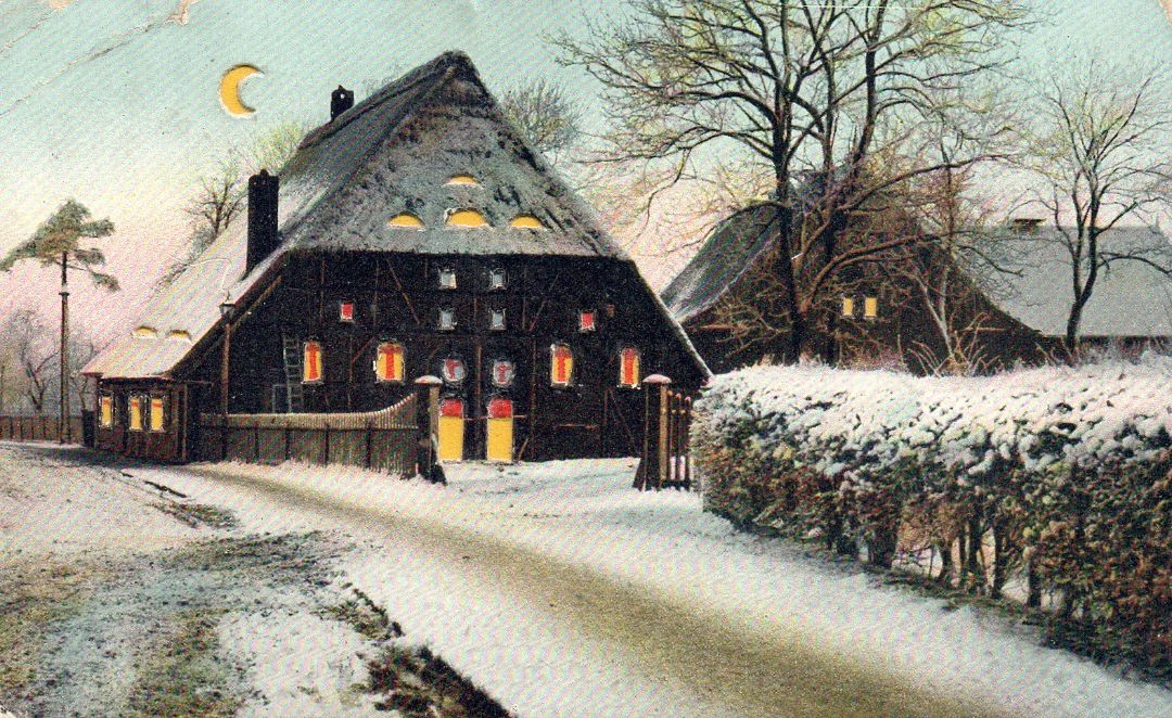 Cabin At Night With Snow Bushes In Front HTL Hold to the Light postcard